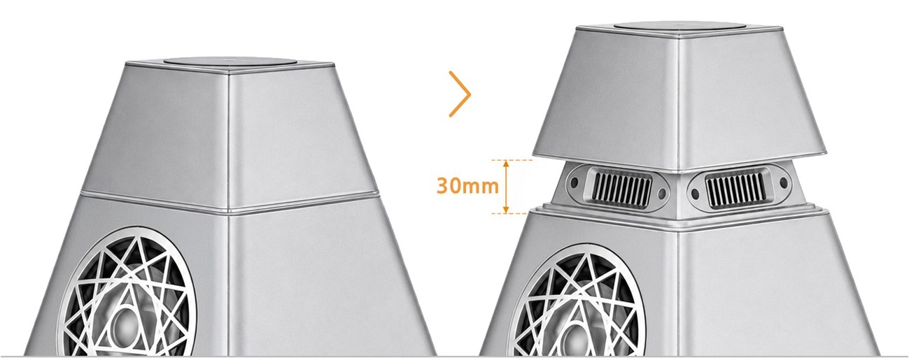 대기 상태에서는 상부 피라미드가 닫혀 있고, 동작 시 30mm 상승해 4-way AMT 트위터가 드러납니다.